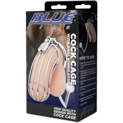 Blue Line Metal Cock Cage With Anal Stimulator