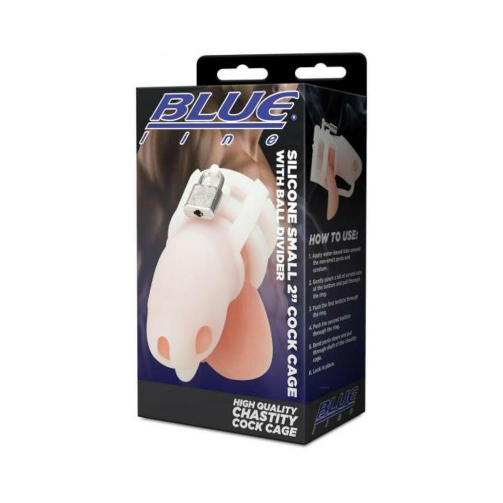 4890808283462_1 Blue Line 2" Silicone Mini Cock Cage With Ball Divider - White - Image 1