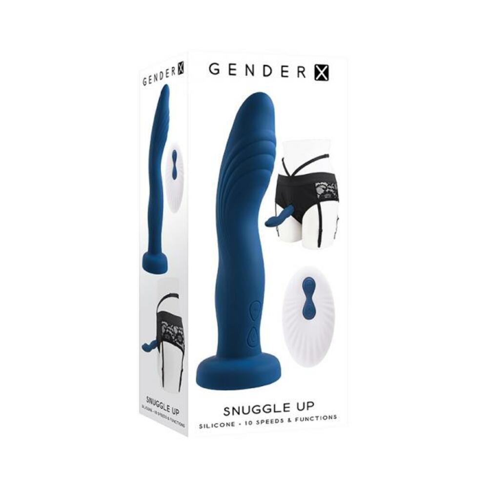 844477019048_1 Gender X Snuggle Up Vibrator And Strap-on Harness Blue - Image 1
