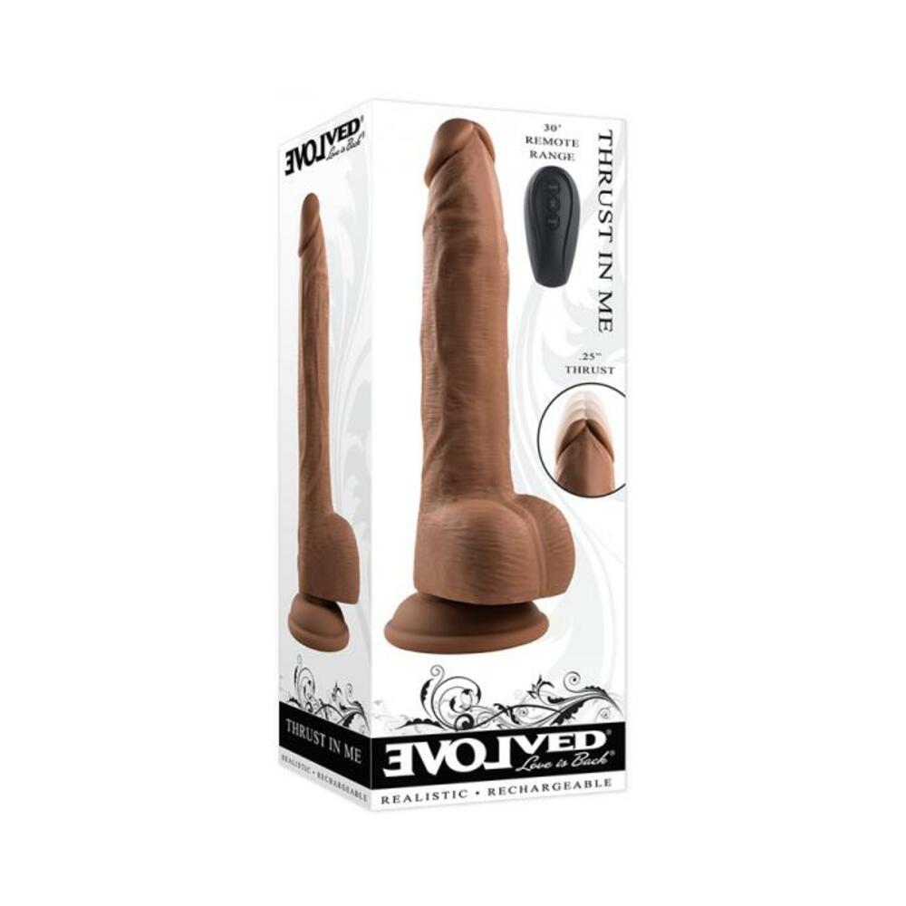 844477022802_1 Evolved Thrust In Me Rechargeable Remote Controlled Thrusting Vibrating 9.25 In. Silicone Dildo Dark - Image 1