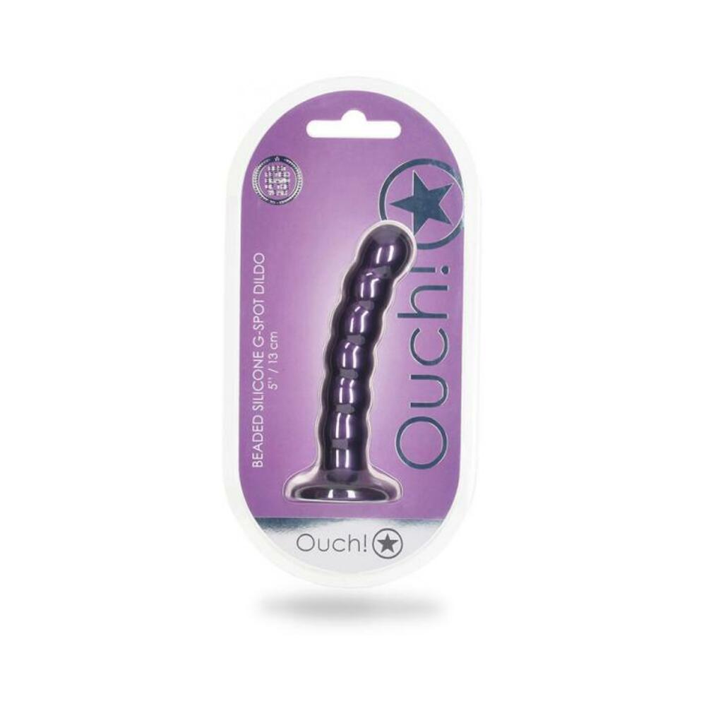 8714273494542_1 Shots Ouch! Beaded Silicone 5 In. G-spot Dildo Metallic Purple - Image 1