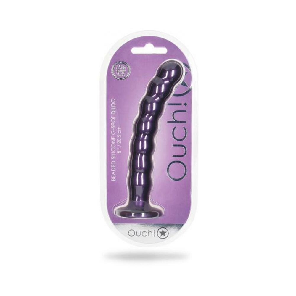 8714273495105_1 Shots Ouch! Beaded Silicone 8 In. G-spot Dildo Metallic Purple - Image 1
