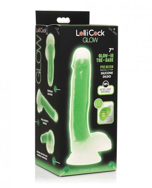 CNVELD-CN-14-0545-4263e7758181d0c Curve Toys Lollicock 7" Glow In The Dark Silicone Dildo W/balls - Green - Image 1