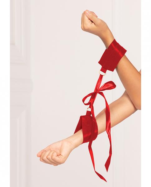 CNVELD-ST40207-RD-OS605c5f75d215f Satin Elastic Cuffs D-ring & Satin Ribbon Tie Red O/s - Image 1