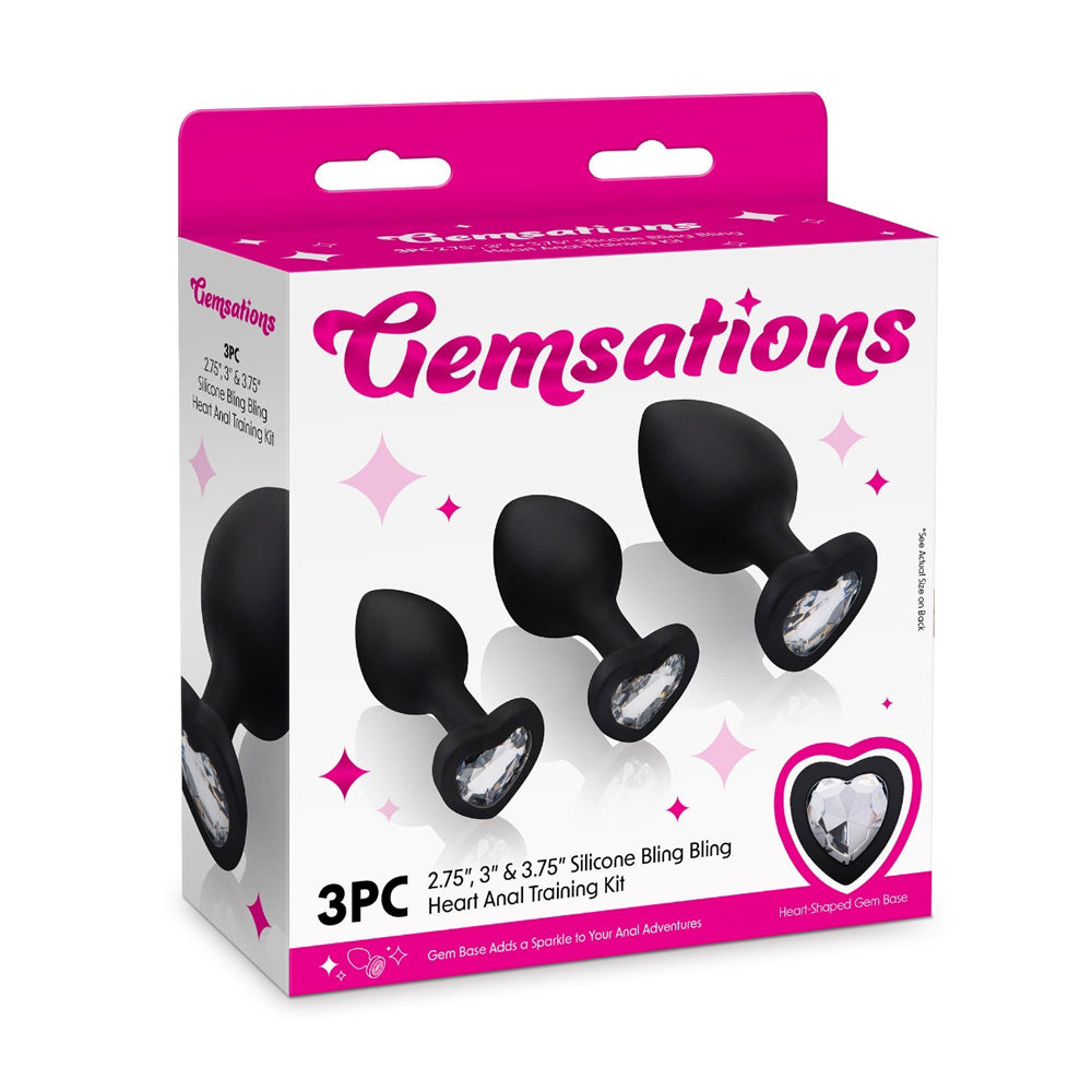 4890808285435 Gemsations 3Pc Silicone Ling Bling Heart Anal Training Kit Black - Image 1