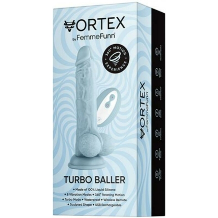 Femmefunn Vortex Turbo Baller 2.0 Rotating And Vibrating Dildo Light Blue