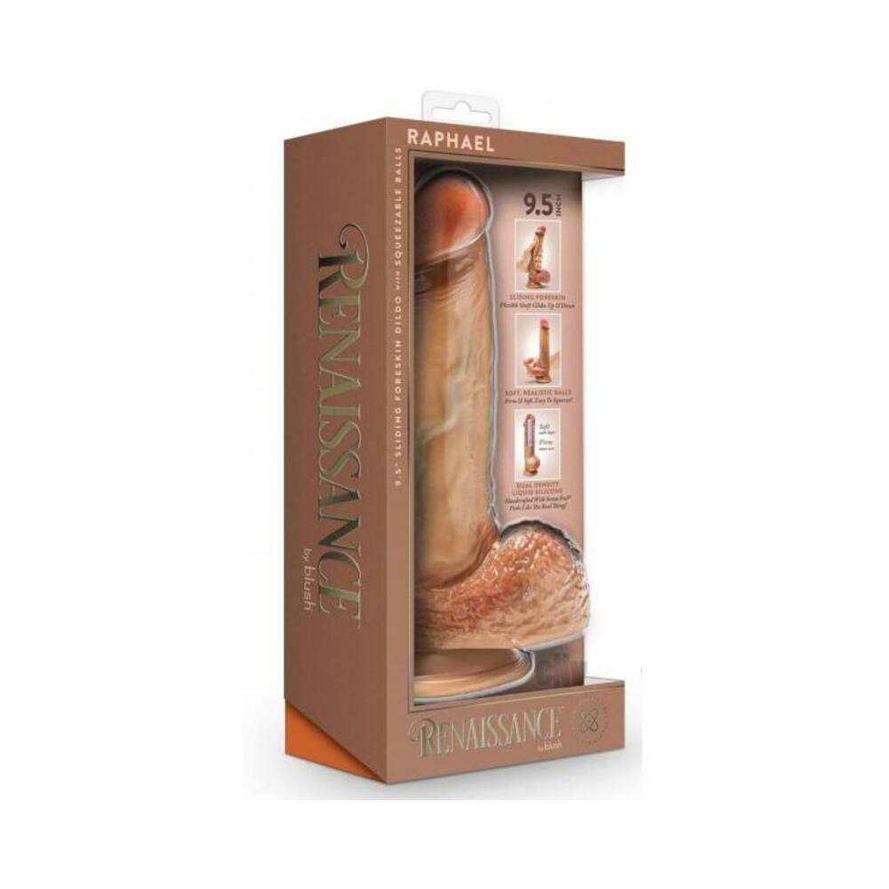 Renaissance Raphael Sliding Foreskin Dildo With Squeezable Balls 9.5 In. Tan
