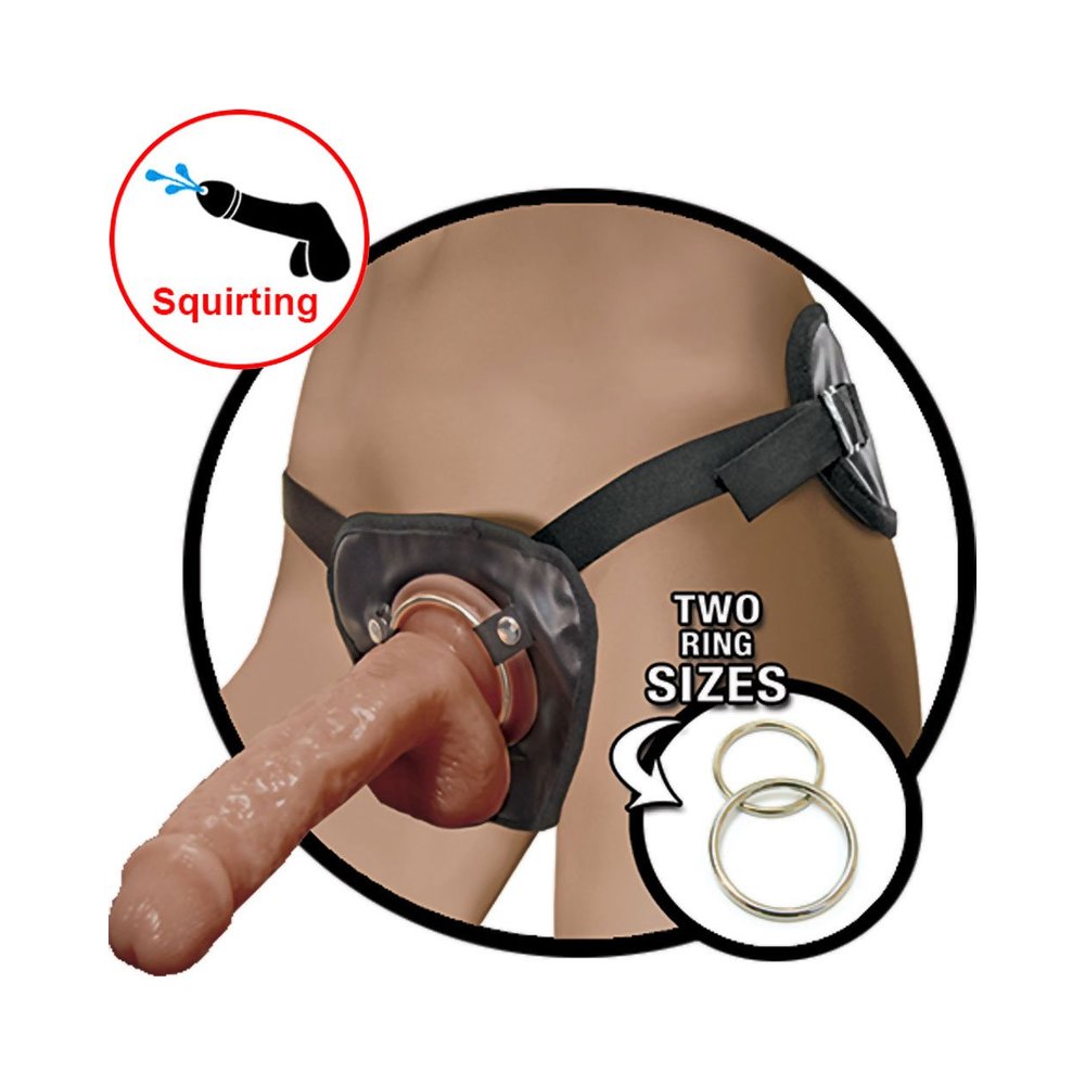 Natural Realskin Squirting Penis With Adjustable Harness 8" - Brown